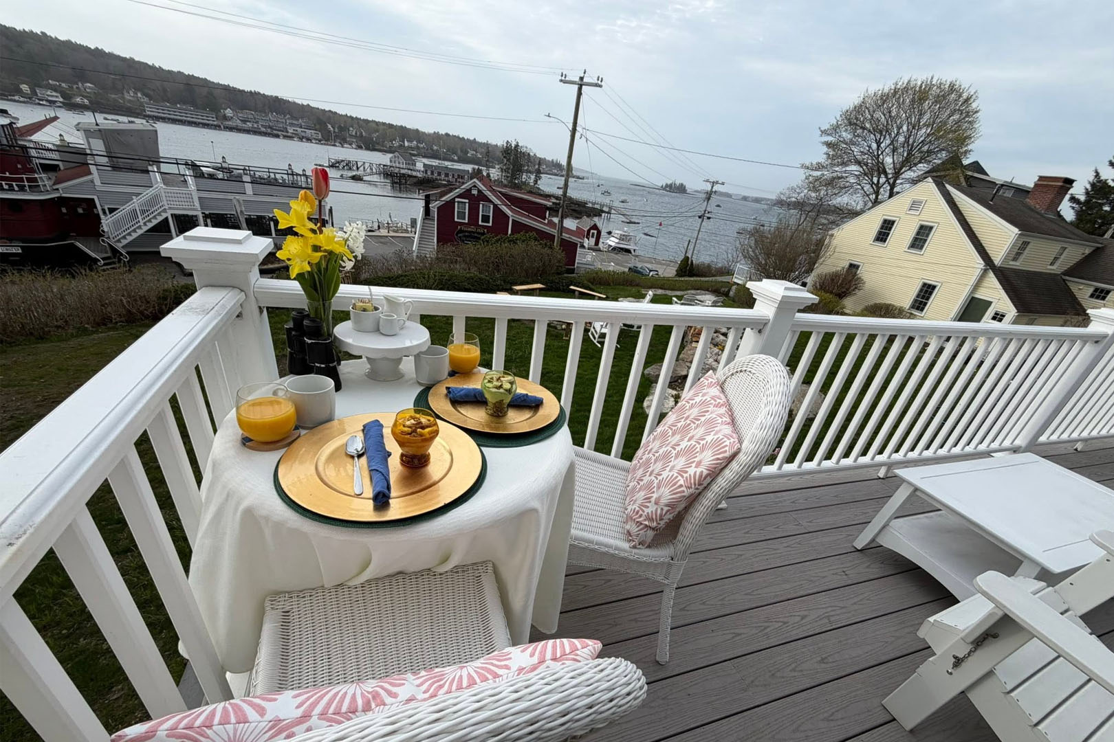 Couple's breakfast with Boothbay Harbor waterfront view